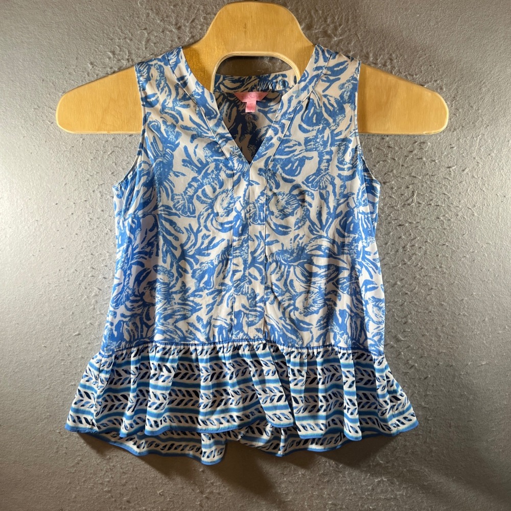 1456 | Lilly Pulitzer Blue White Floral Peplum Tank Top Women XS